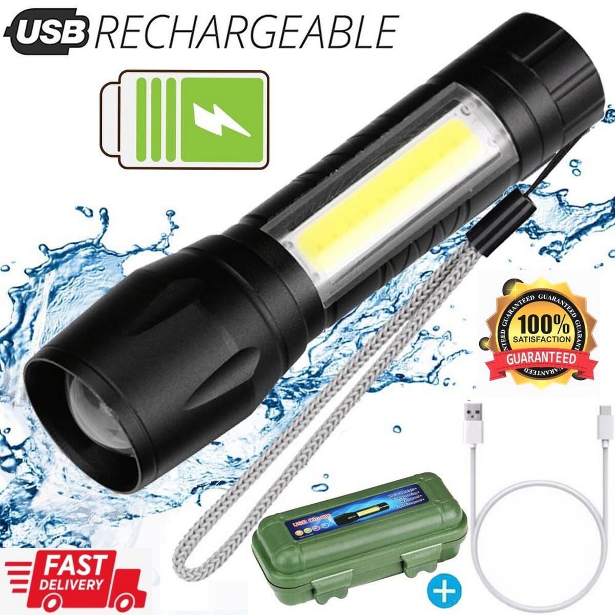 Xpe COB LED Flashlight Adjustable Focus Camping Torch Pen Clip Light