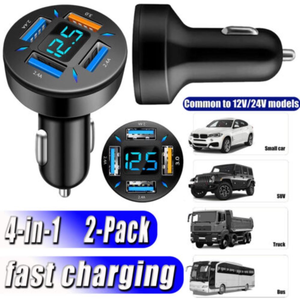 4 Ports USB Car Charger with LED Display Fast Charging Car Phone Charger
