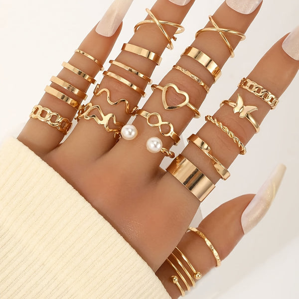 Set of 22 Elegant and Simple Style Women's Fashion Stackable Open Rings Set