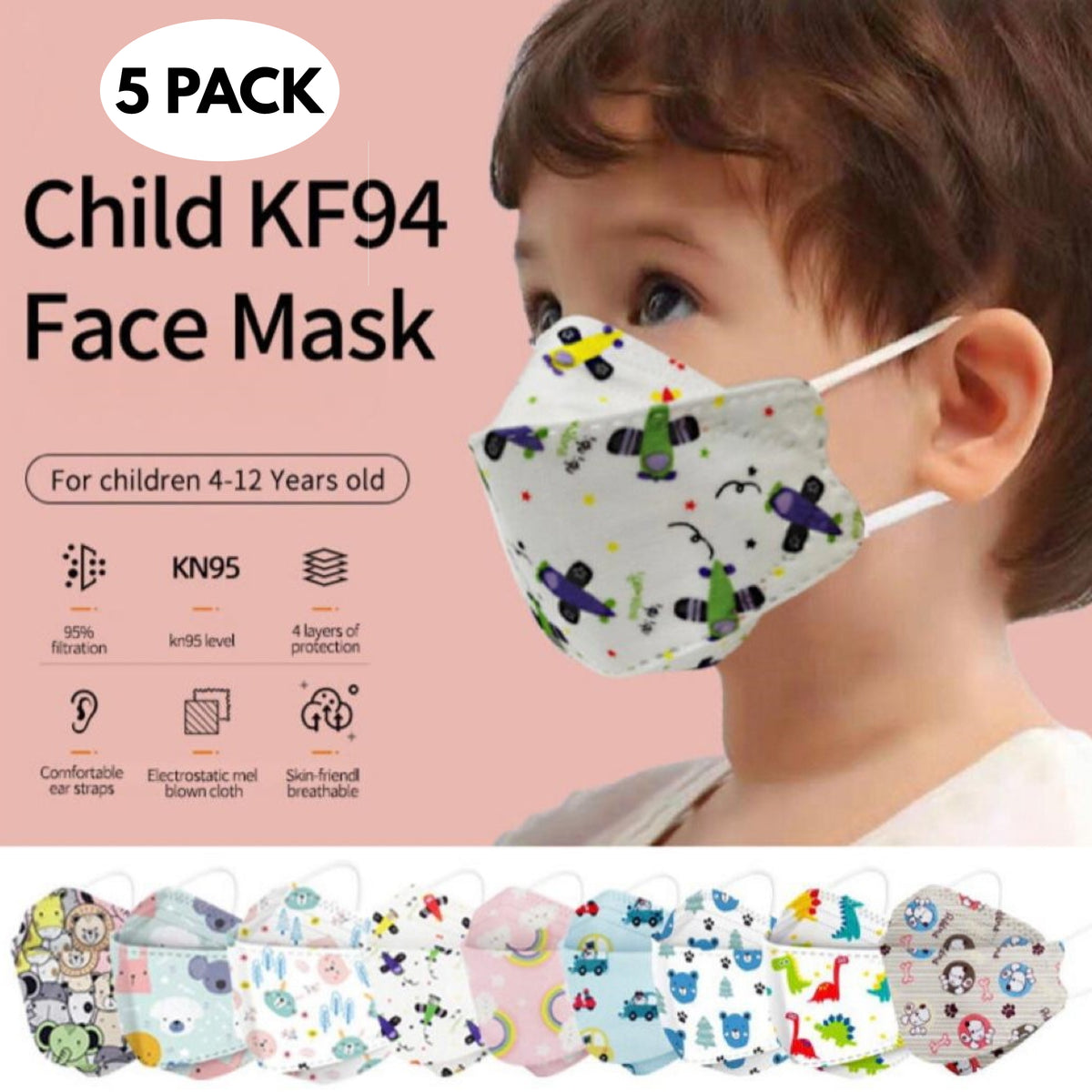 5 PC Kf94 Kids Printed Mask (Mixed Designs) for Children 4 - 12 Years Old
