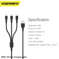 Charger 3 in 1 USB Cable for iPhone, All Android Phones Micro USB and Type C