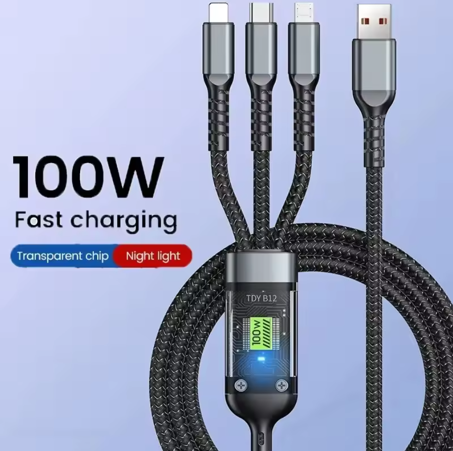 3 in 1 100w Transparent Fast Charging Cable Type C USB Micro for Huawei Oppo