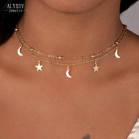 Gold 2 Layer Star & Moon Choker Necklace