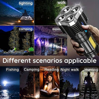 Powerful 4 LED Flashlight with COB Side Light, 4 Modes USB Rechargeable