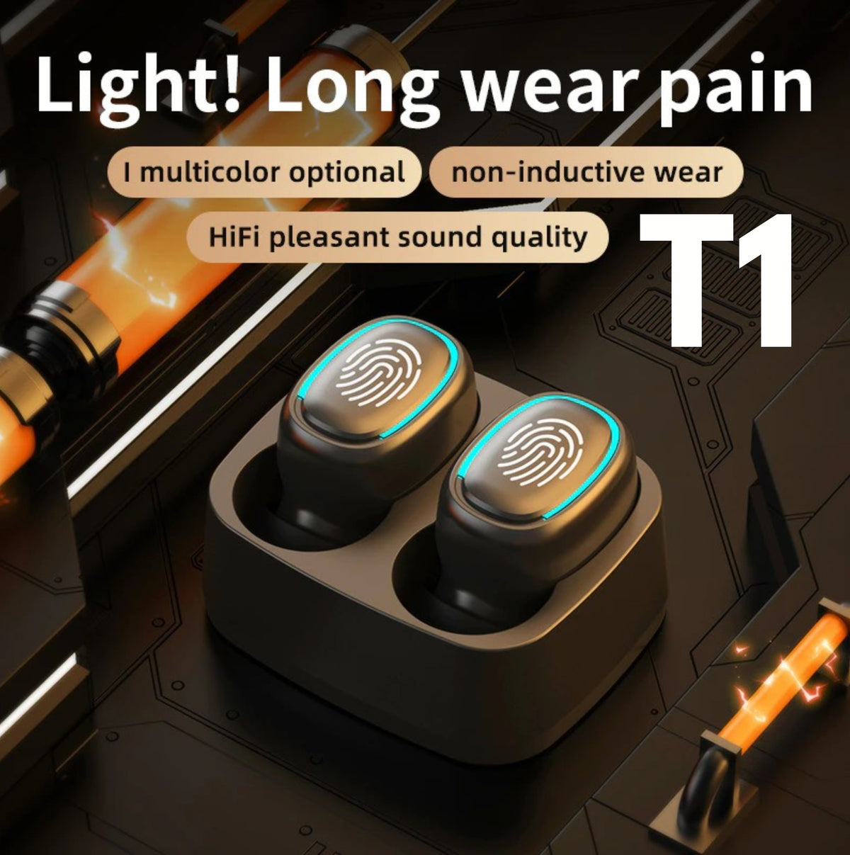 T1 Bluetooth 5.0 Wireless Earphones, LED Digital Power Display Touch-Control