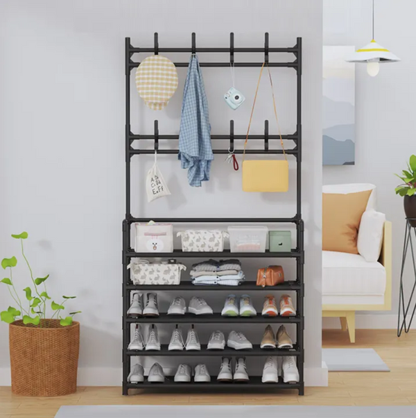 Black Five Layer Coat and Hat Rack, Simple Plastic Multifunctional Storage