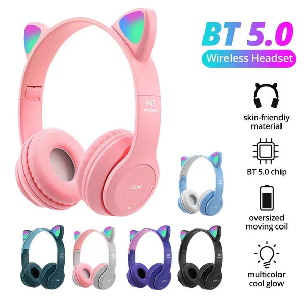 P47m Cute Fashion Cat Ears Wireless Headphones Flash Light LED RGB Gaming