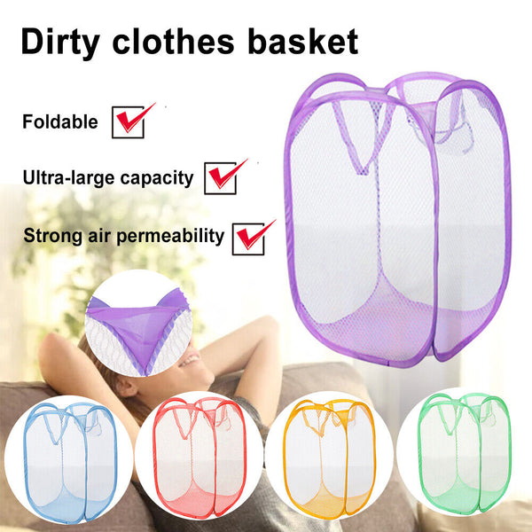 Foldable Hollow Net Mesh Clothes Laundry Basket Storage Bag Hamper Pouch