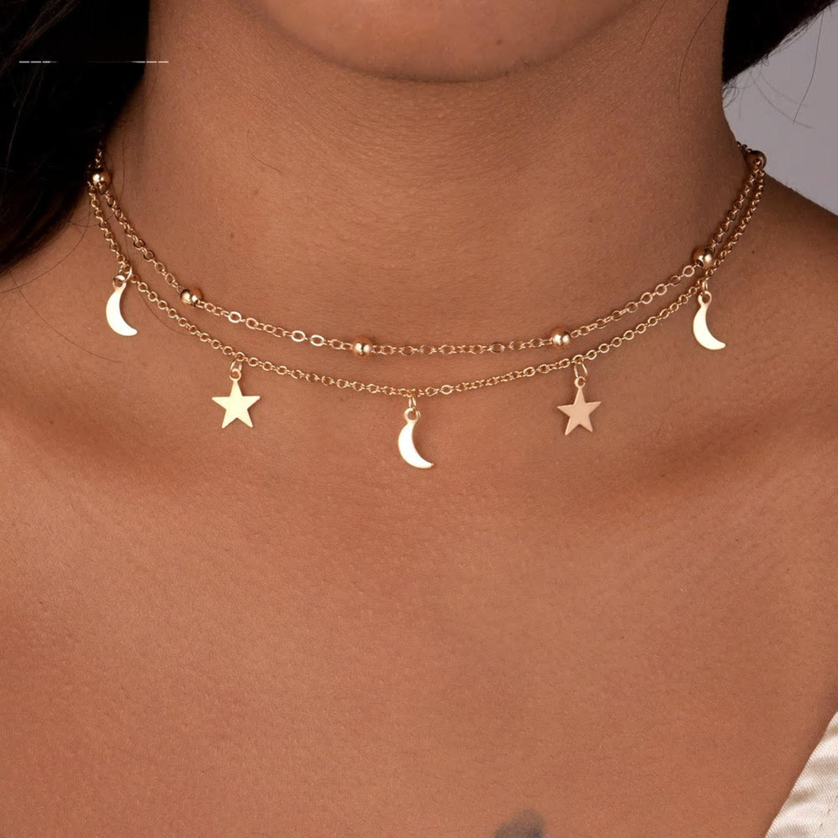 Gold 2 Layer Star & Moon Choker Necklace
