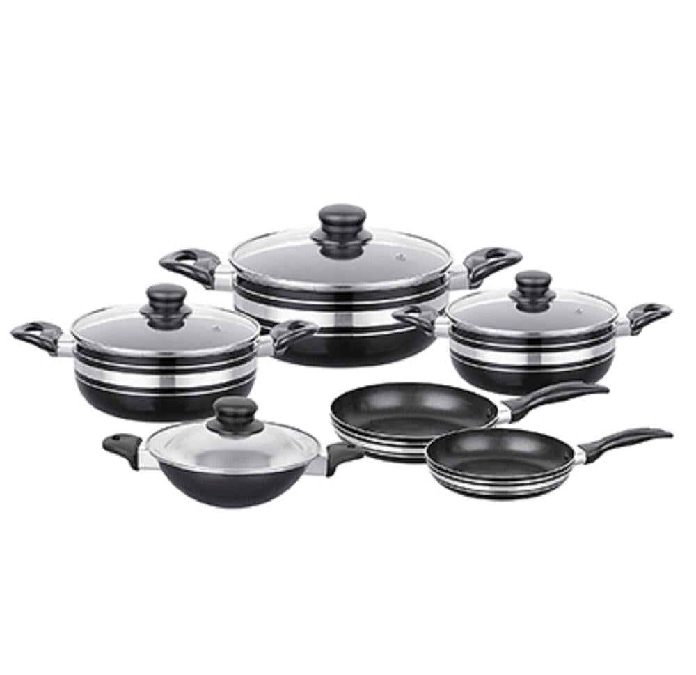 10 PC Non Stick Cookware Set - 2 Frying Pans, 1 Hopper Pan with Lid, 3