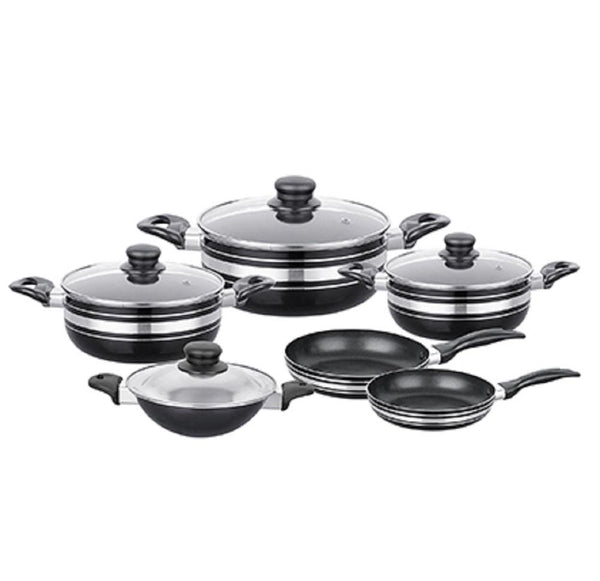10 PC Non Stick Cookware Set - 2 Frying Pans, 1 Hopper Pan with Lid, 3