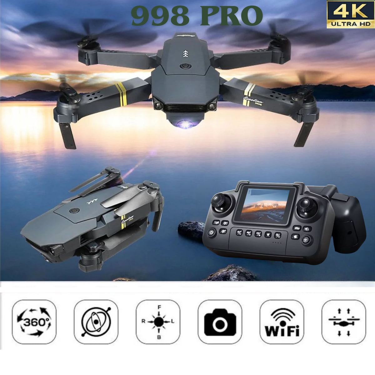998 Pro Drone with 2.4" Screen & Dual Camera, 4k HD Foldable Rc Quadcopter