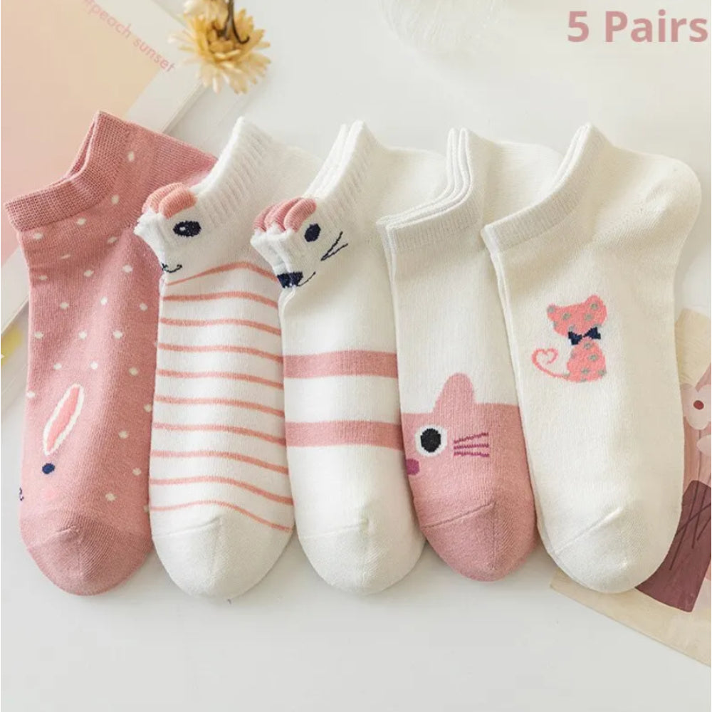 5 Pairs Women's Short Tube Socks Pink Cat Thin Four Seasons Cute Boat