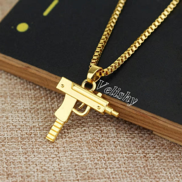 Gold Plated Uzi Gun Pendant with Gold Plated Chain