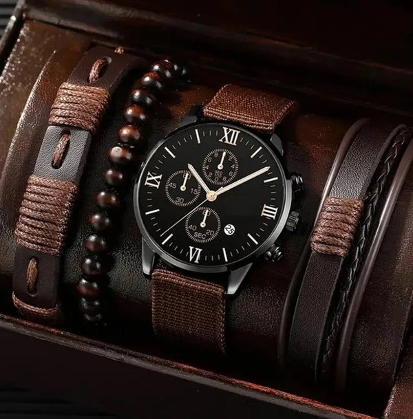 Men's Watch Set - 4 Piece Quartz Watches with Bracelets for Stylish