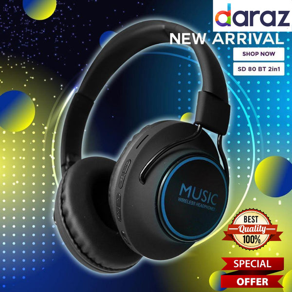 2 in 1 Headphone + Speaker Powerful Sound Sd80bt Bass Bluetooth Headset &