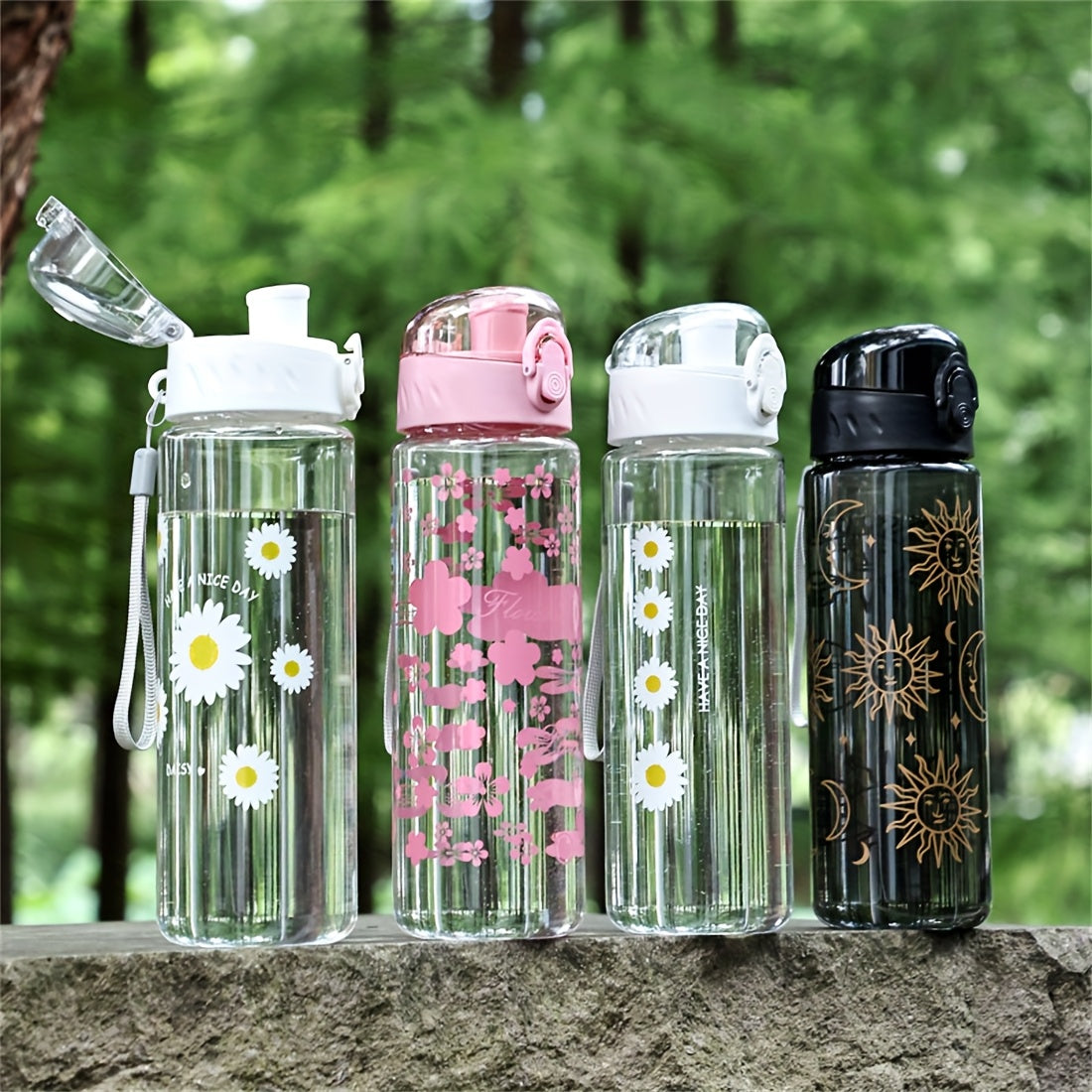 Portable Large Capacity Plastic Water Bottles with Sun and Flowers Design