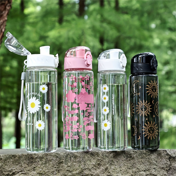 Portable Large Capacity Plastic Water Bottles with Sun and Flowers Design