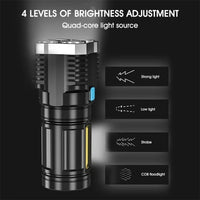 Powerful 4 LED Flashlight with COB Side Light, 4 Modes USB Rechargeable