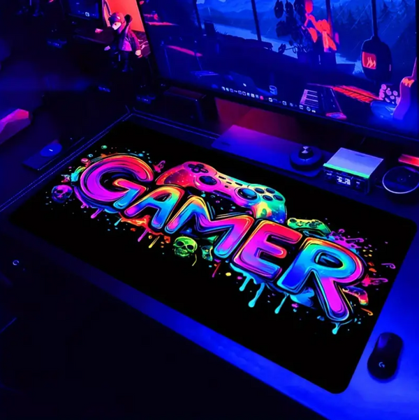 Large Gaming Mouse Pad, UV Reactive Non-Slip Desk Mat, Washable Polyester