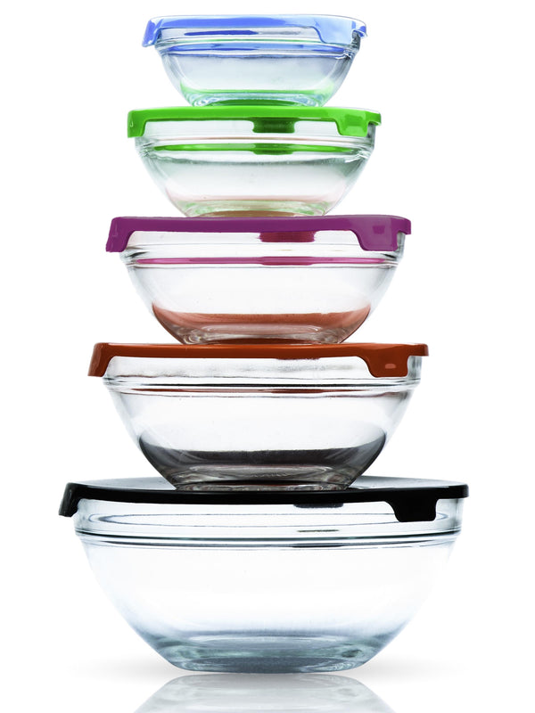 Glass Bowl 5 Pieces Set with Lids - Microwavable and Dishwasher Safe
