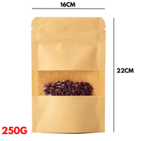 250g - Kraft Paper Bag Stand Up Pouch Food Zip Lock Packaging Window (16cm X