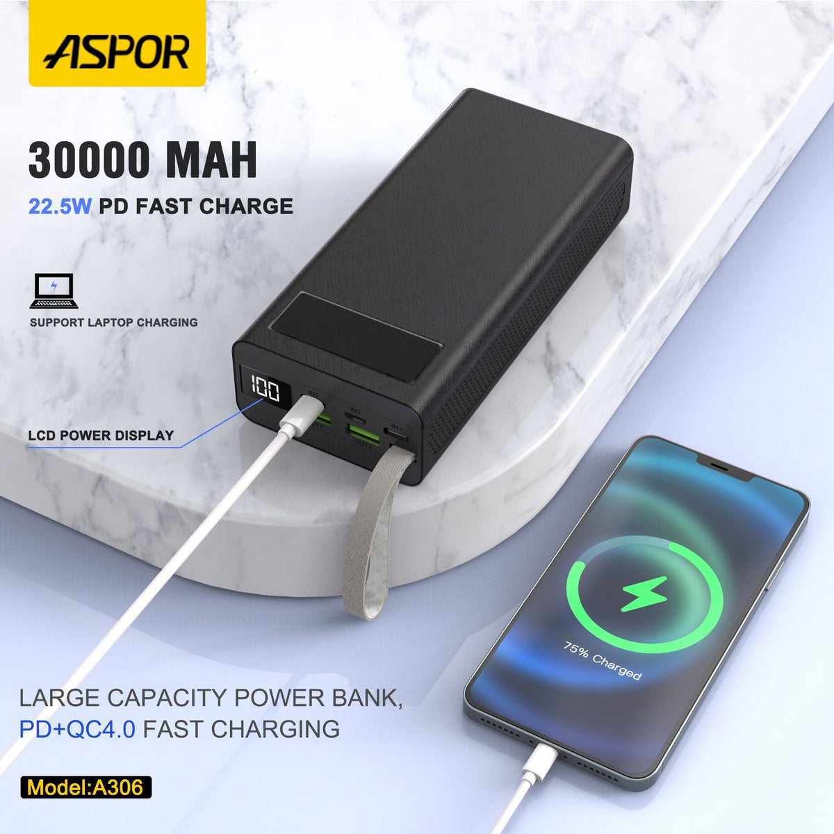 Aspor A306 30000mah Power Bank / Input & Output Usb-c Type C / Quick Charge