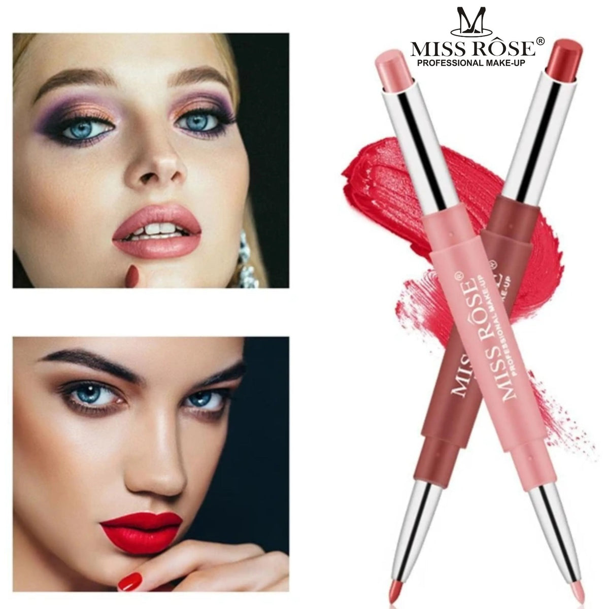 Miss Rose 2 in 1 Lipstick and Lip Liner Pink Nude & Red High Pigment Collection