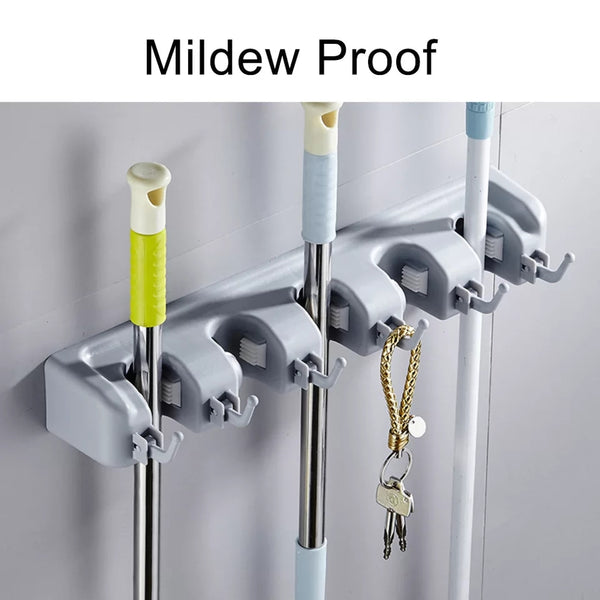 Mop Broom Holder 5 Hooks - Ash Multi-Functional Holder Wall Mounted Mop