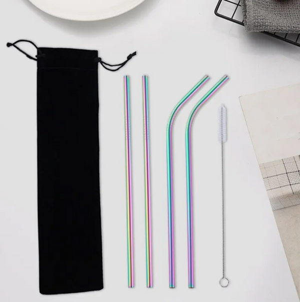 5 Pieces Stainless Steel Straw Set Colorful Metal Straws Bar Drinks Coffee