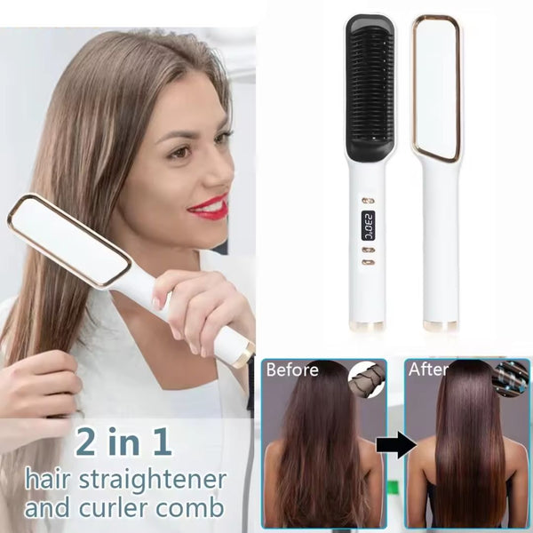 2-in-1 Electric Hair Styling Tool Hot Comb Straightener and Curler with