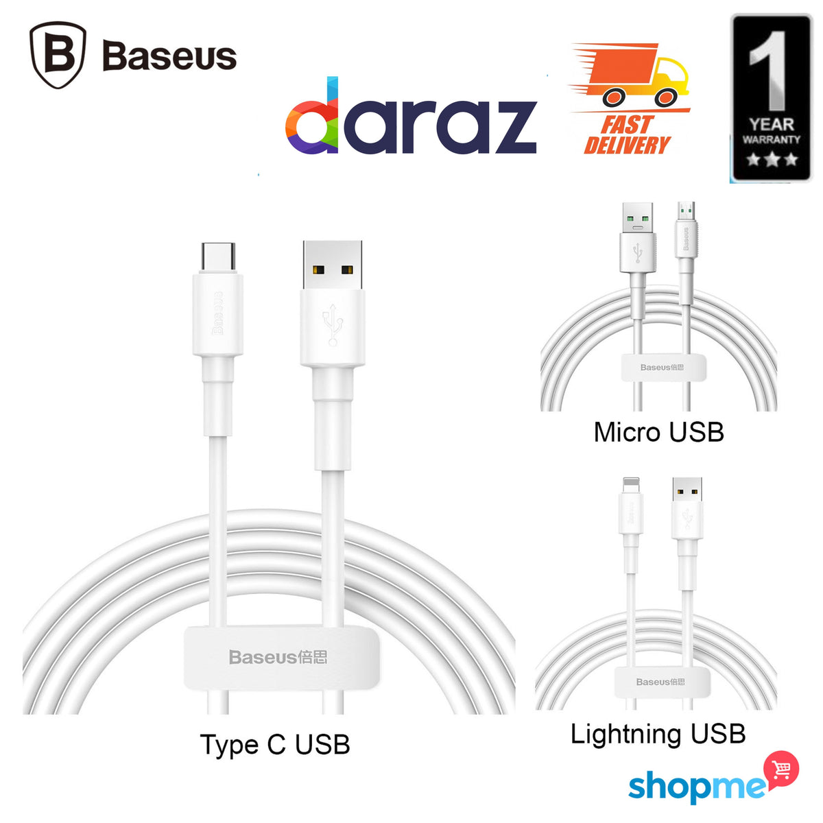 Baseus Mini White Micro USB / USB Type C / Lightning Data Fast Charging Cable