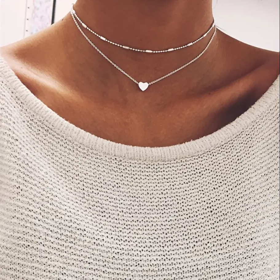 Heart Pendant Double Necklace - Silver