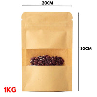 1kg - Kraft Paper Bag Stand Up Pouch Food Zip Lock Packaging Window (20cm X