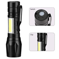 Xpe COB LED Flashlight Adjustable Focus Camping Torch Pen Clip Light