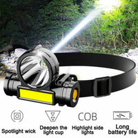 Led Flashlight Emergency Headlamp Waterproof 2 Mode USB Rechargeable Cycling