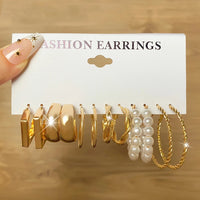6 PC Elegant and Versatile: Ladies Round Geometry Pearl Earrings - Adding