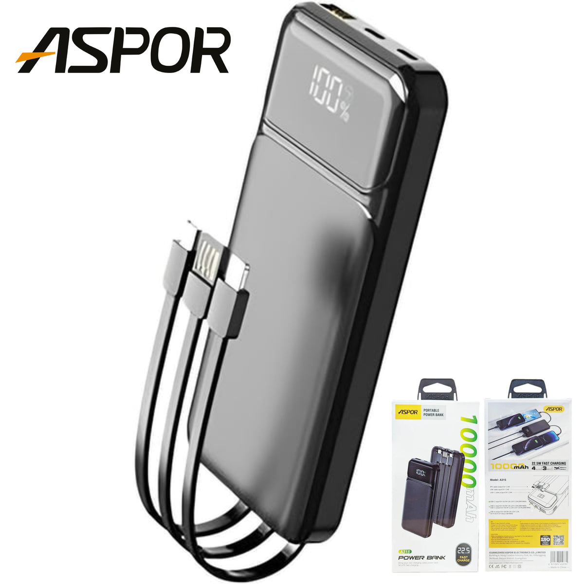 Aspor 10000mAh Power Bank 22.5w 3 in 1 Output - A315