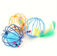 Self-entertaining Cat Toy Cage Mouse Ball with Feathers, Stimulates Hunting
