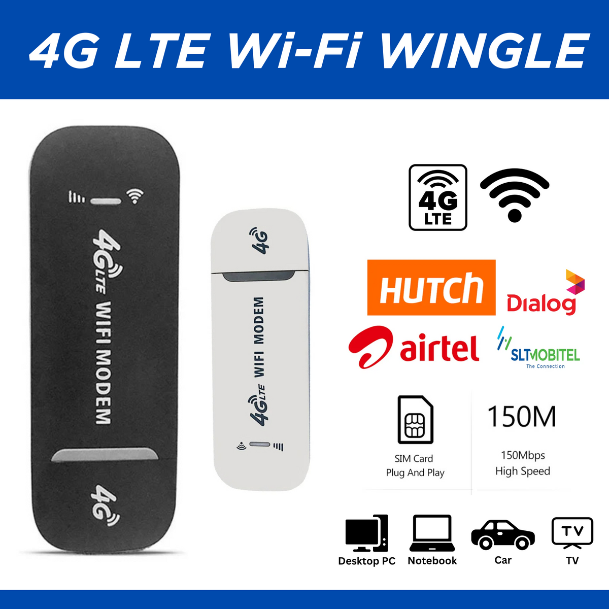 4g Lte USB WiFi Dongle 150Mbps Mobile Broadband Modem & Sim Card Router for