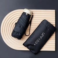 Elegant Mini 5-Fold Sun Umbrella with Golden Handle - Lightweight, Windproof