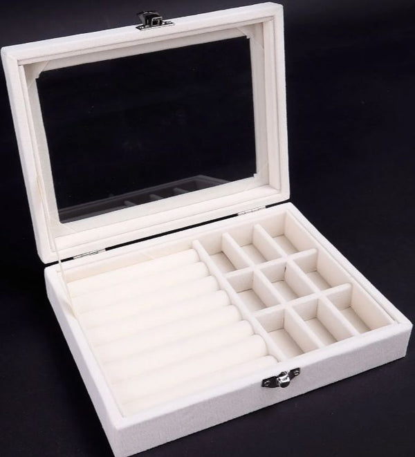 Velvet Glass Ring Earring Jewelry Display Organizer Box Tray Holder Storage Case