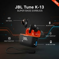 Jbl K-13 Bass Edition - Bluetooth 5.3 TWS Earphones with 30h Battery, Sweat