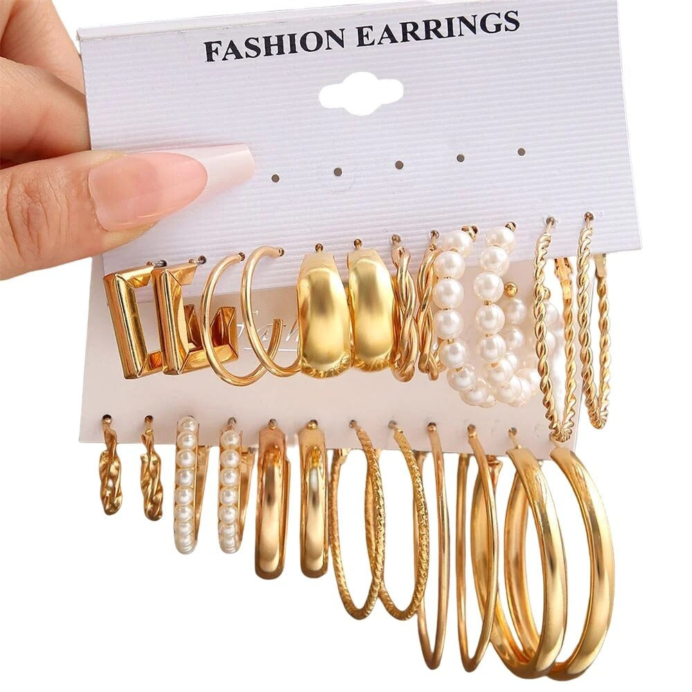 6 PC Elegant and Versatile: Ladies Round Geometry Pearl Earrings - Adding