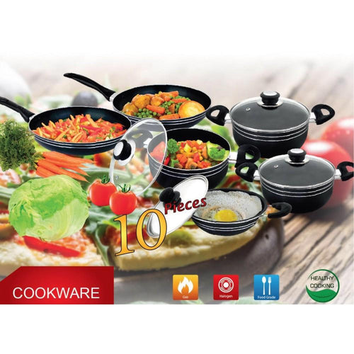 10 PC Non Stick Cookware Set - 2 Frying Pans, 1 Hopper Pan with Lid, 3