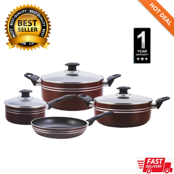 Camy Non Stick Cookware Set 7 Pcs - 1 Saucepan with Glass Lid, 2 Casseroles