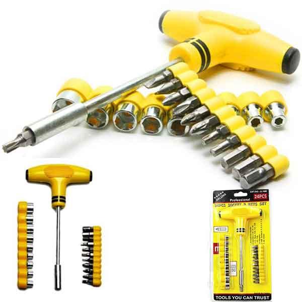 24 Piece Deluxe T-handle Ratcheting Screwdrivers Set with Multi-Bits and