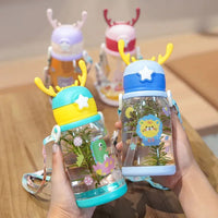 600ml Kids Water Sippy Cup Antler Creative Cartoon Baby Cups with Straws