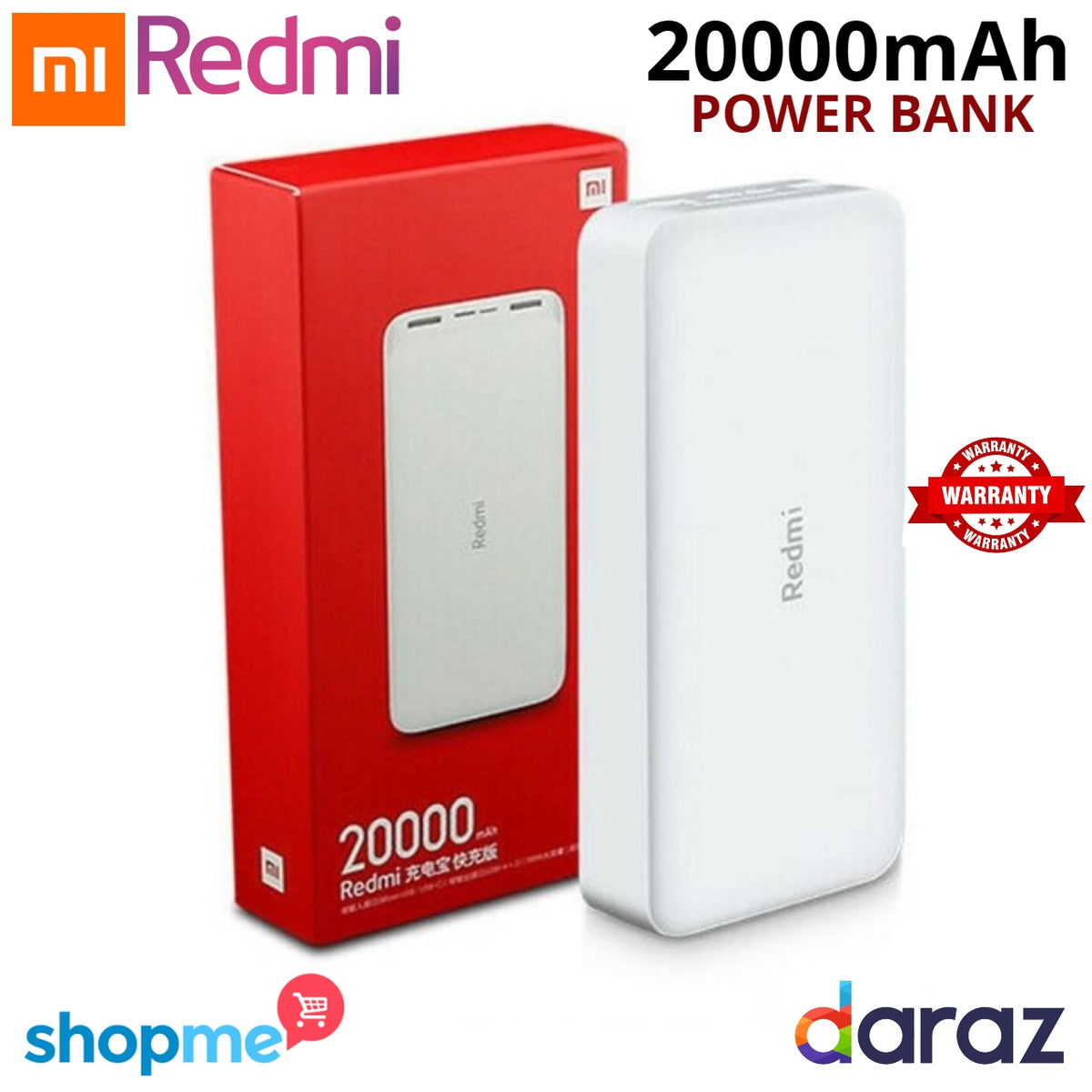 Xiaomi Redmi White 20000mAh Power Bank 18w Portable Charger 2 USB Port