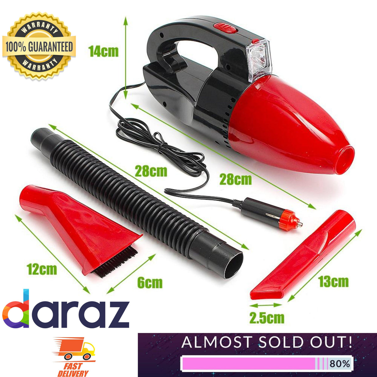 60w Car Vacuum Cleaner with Hose, Brush and LED Light